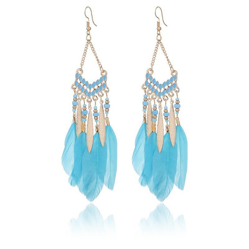 Vintage Bohemian Feather Tassel Earrings Exaggerated Ethnic Vacation Dangle Ear Jewelry Fashion Accessories For Women