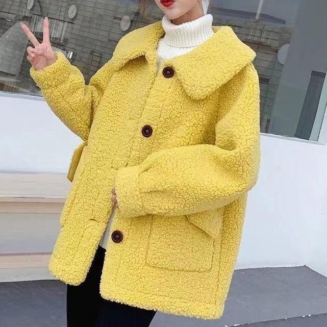 Verdickter Imitat-Lammwoll-Integrierter Quadratkragen-Mantel Damen Herbst- und Winterbekleidung Übergröße Einreihig Lockerer Damenmantel