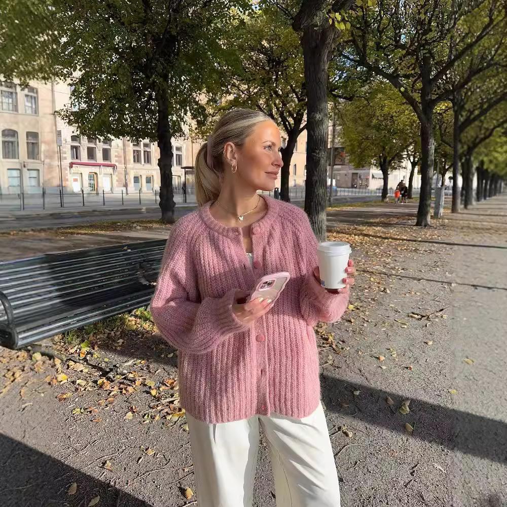 Herbst und Winter Neu Lockerer und Lässiger Stil Einfarbiger Langarm-Cardigan-Pullover für Damen