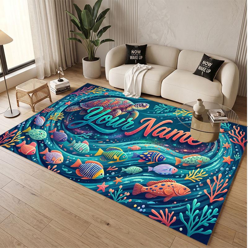 Fish Ocean Theme Soft Crystal Velvet Rug Custom Name & Text Print Non Slip Floor Rug for Bedroom Living Room
