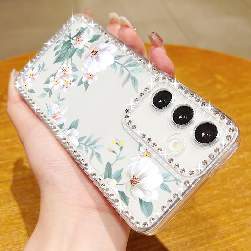 Husă Transparentă cu Cadru Diamant pentru Samsung S25 Edge S24 FE S23 Ultra S22 A56 A36 A16 A15 A55 A35 Model Floral Silicon Moale Antișoc Husă Bumper