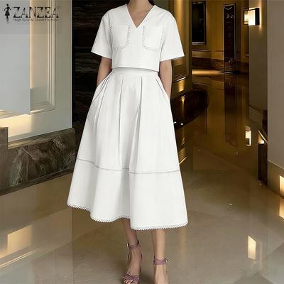 Women Short Sleeve Blouse and Long Skirts Summer Two Piece Suit Sets