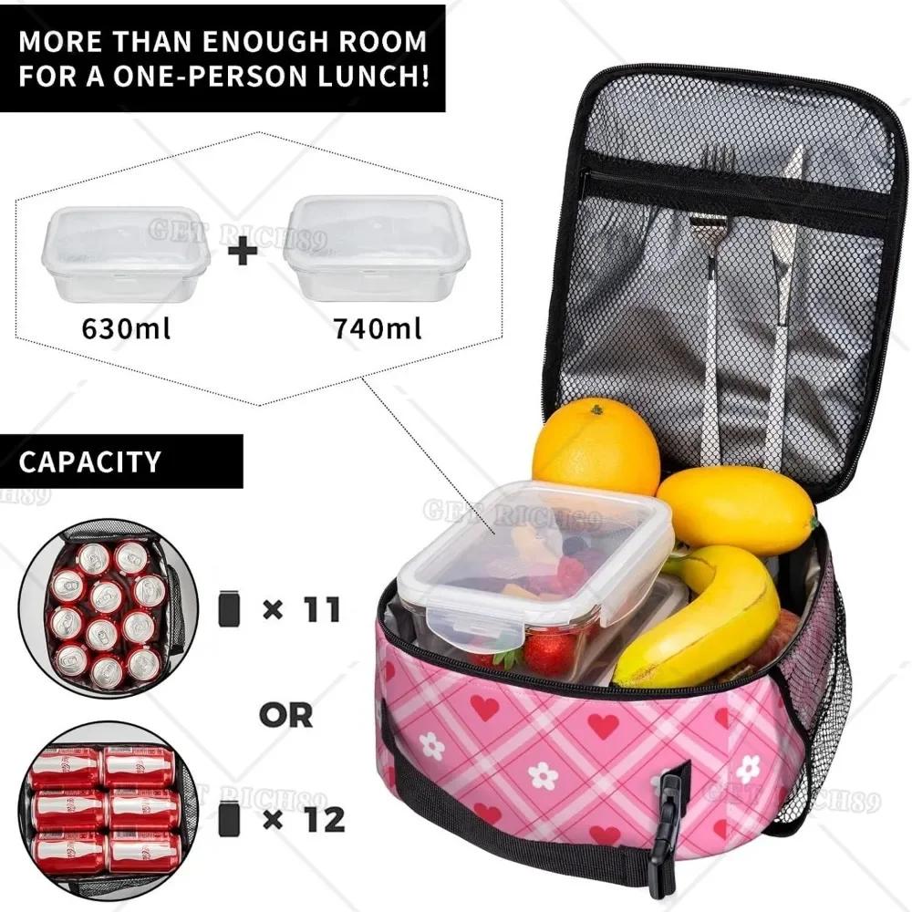Cute Love Heart Pink Lunch Bag for Women Men Valentine's Day Theme Reusable Insulated Cooler Box for Work Office Picnic