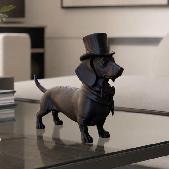 jijijing 3D Printed Gentleman Dachshund Figurine, Elegant Dog Sculpture Desktop Ornament, Solid Matte Black Art Statue for Home Office Decor Gift