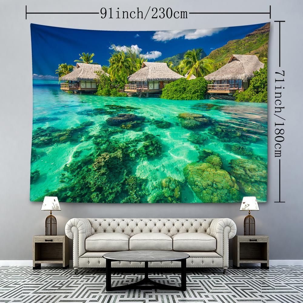 Tropical Ocean House Tapestry, 126x320 Inches, Polyester, Soft and Flat, High-Quality Fabric, No Power Required, Woven, Natural Style Wall Hanging for