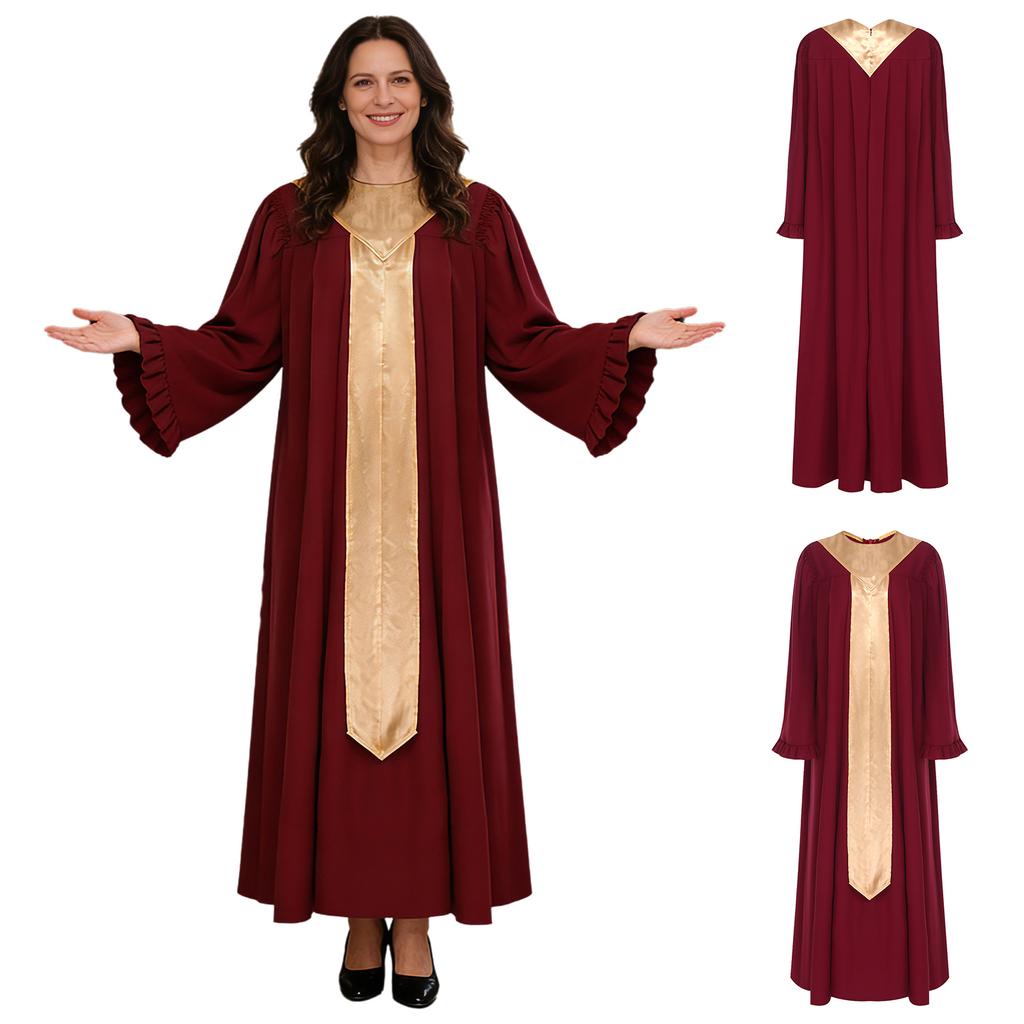 S-XXL Women Choir Robe Flared Long Sleeve Ruffled Trim Color Block Sash Long Priest Cassock for Church Activities