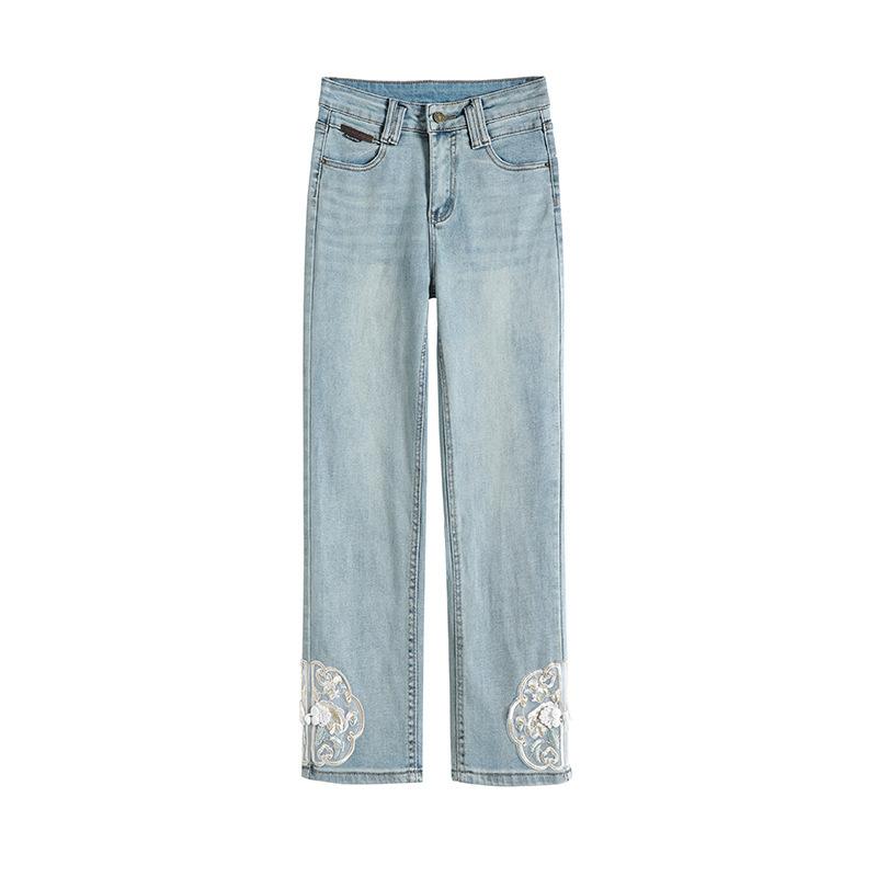 Chinese Style Chinese Jeans for Women In Summer New High-waisted Small Design Embroidered Nine-point Straight Pants