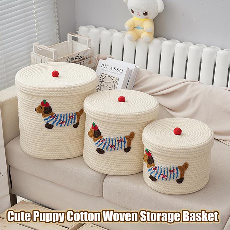 Cute Puppy Storage Basket Woven Cotton Rope Frame Large Capacity With Lid Dustproof Storage Bucket Desktop Dustproof