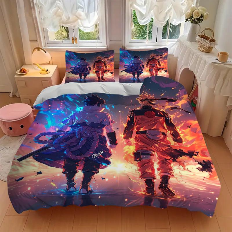 3pcs Naruto vs Sasuke Anime Theme Printed Quilt Set - Soft and Comfortable Quilt Cover for Bedroom, Guest Room and Dormitory Decorative Bedding Set 1