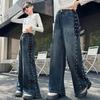 Fashion Teenager Girls Denim Wide Leg Pants Child Trousers Spring Autumn Girl Side Pearl Design Jeans 5-14 Yrs Kids Clothes