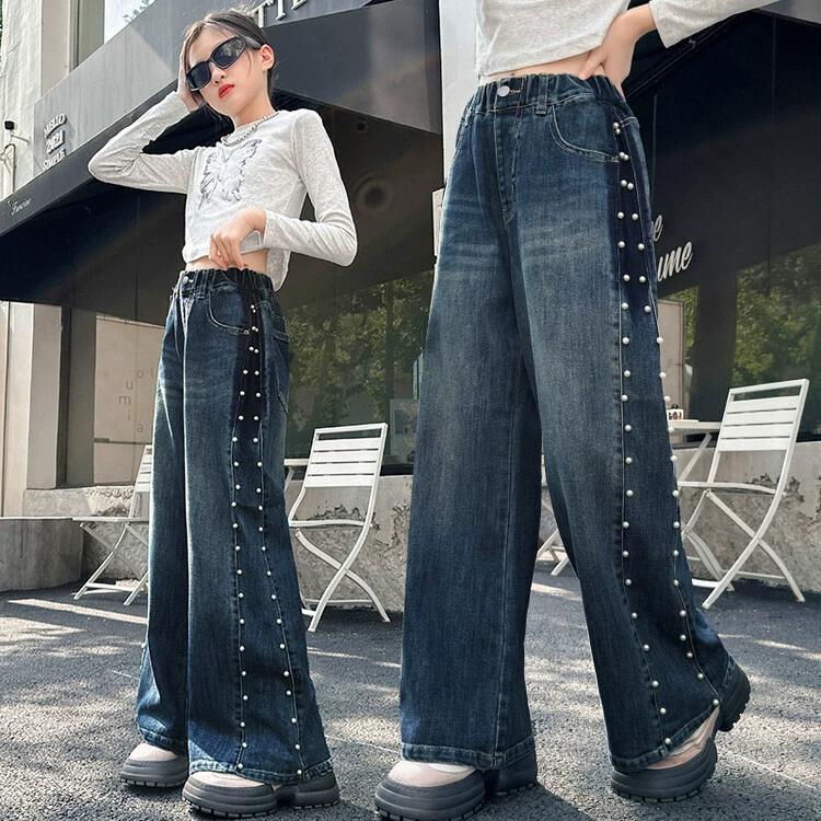 Fashion Teenager Girls Denim Wide Leg Pants Child Trousers Spring Autumn Girl Side Pearl Design Jeans 5-14 Yrs Kids Clothes