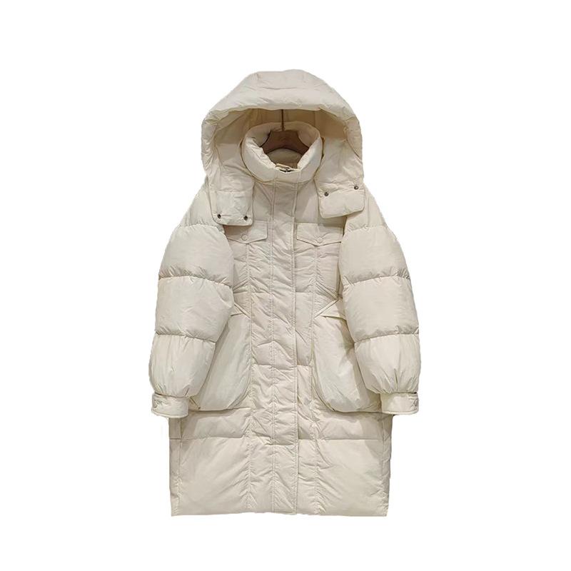 Long White Duck Down Jacket Women's 2025 Winter Fashion Hooded Multi-pocket Thickened and Thin Casual Over-the-knee Jacket