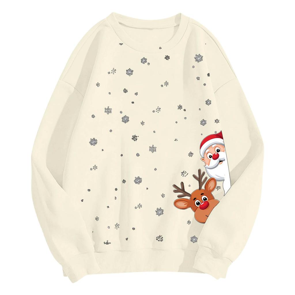 Dámská módní ležérní mikina s dlouhým rukávem, volného střihu, s vánočním potiskem, kulatým výstřihem