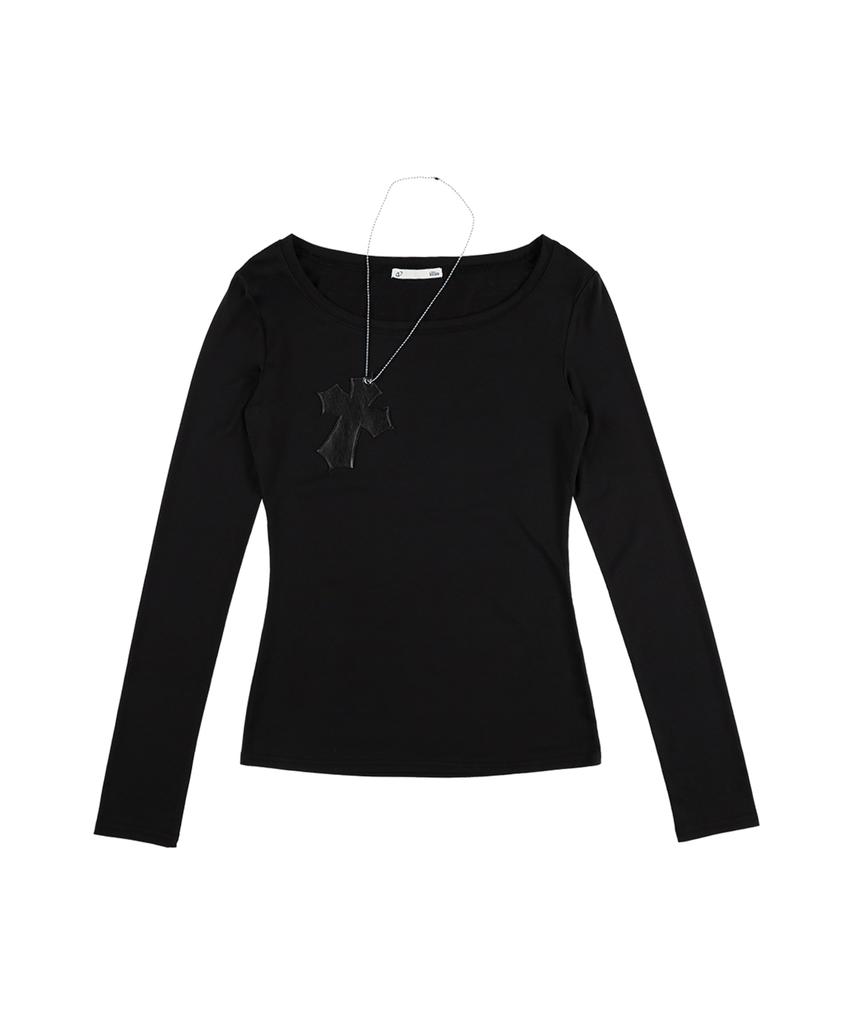 ILLIO Black Faux Leather Cross Necklace Top