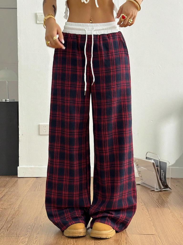 Plaid Patchwork High Waist Casual Sports Pants - Loose Lazy Style Straight Leg