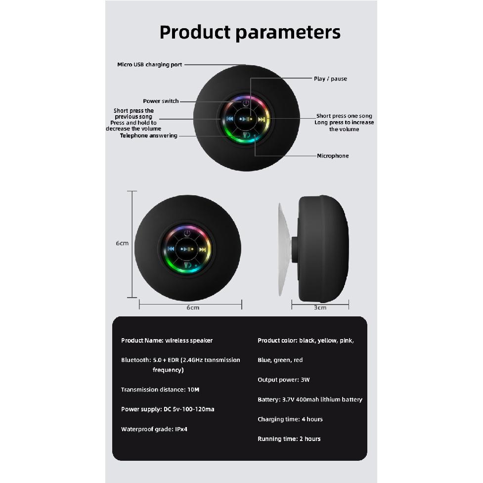 Portable Waterproof Bluetooth Shower Speaker with Suction Cup and LED Lights 3D Surround Stereo subwoofer