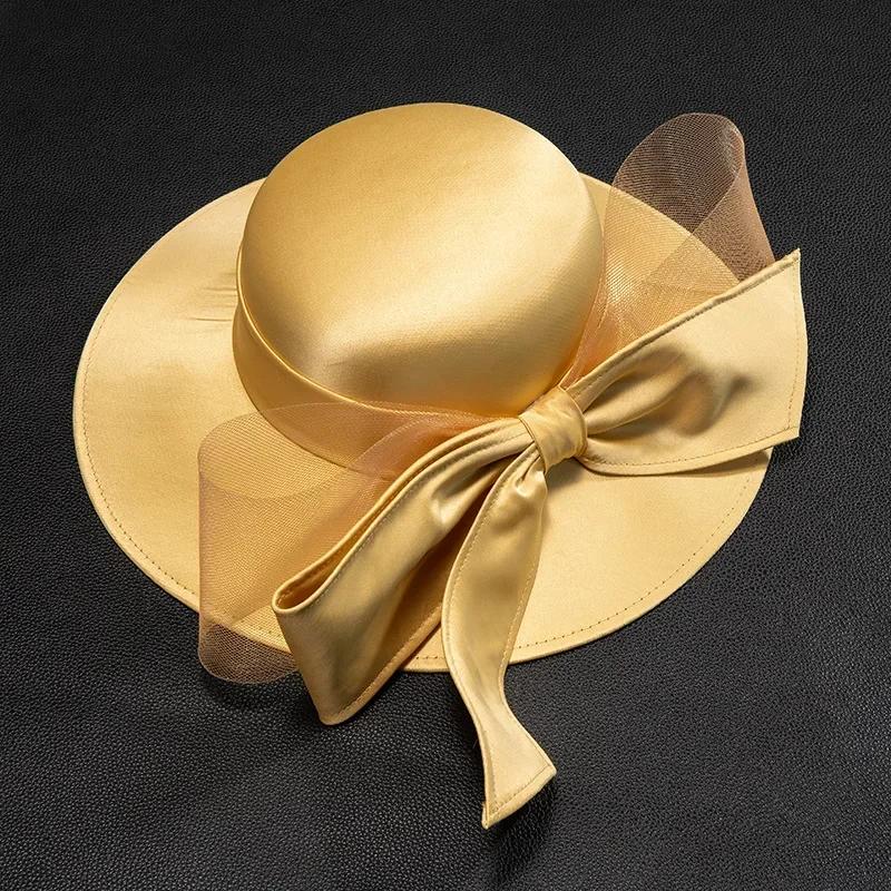 Dámský klobouk se saténovou mašlí ve francouzském stylu - Elegantní svatební fedora a sluneční klobouk pro banket, svatební večírek