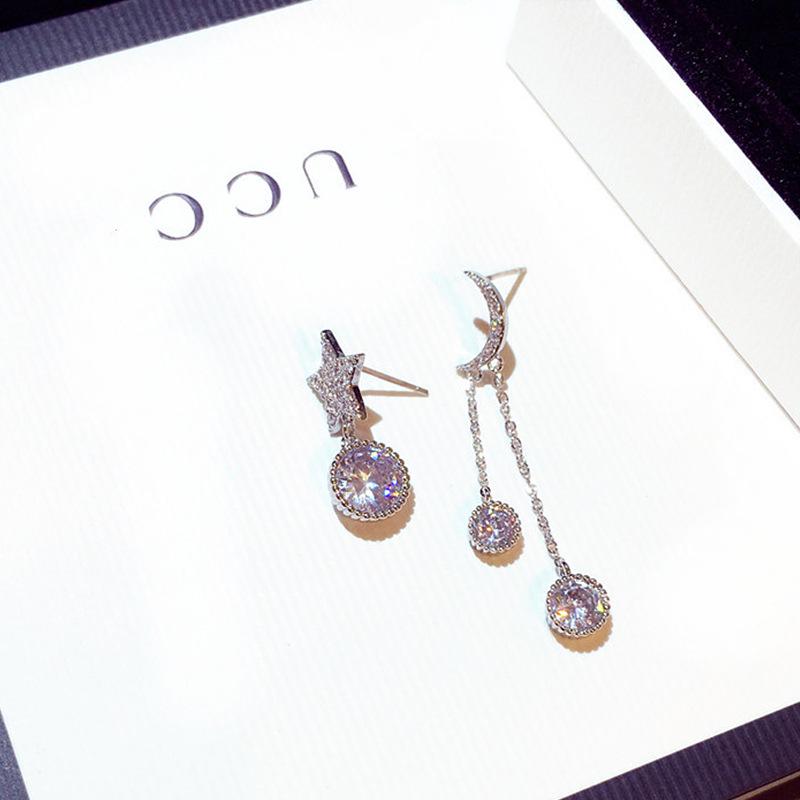 Moon Star Long Stud Earrings with Bling Zircon Stone for Women Fashion Jewelry Asymmetry Earring