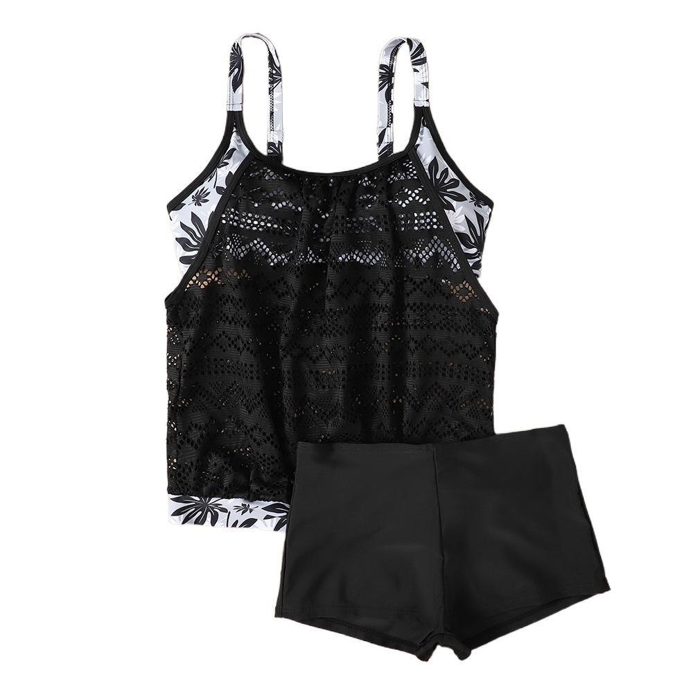 

Цветочный купальник без рукавов большого размера из двух частей, повседневный купальник-майка с шортами для женщин XL чёрный
