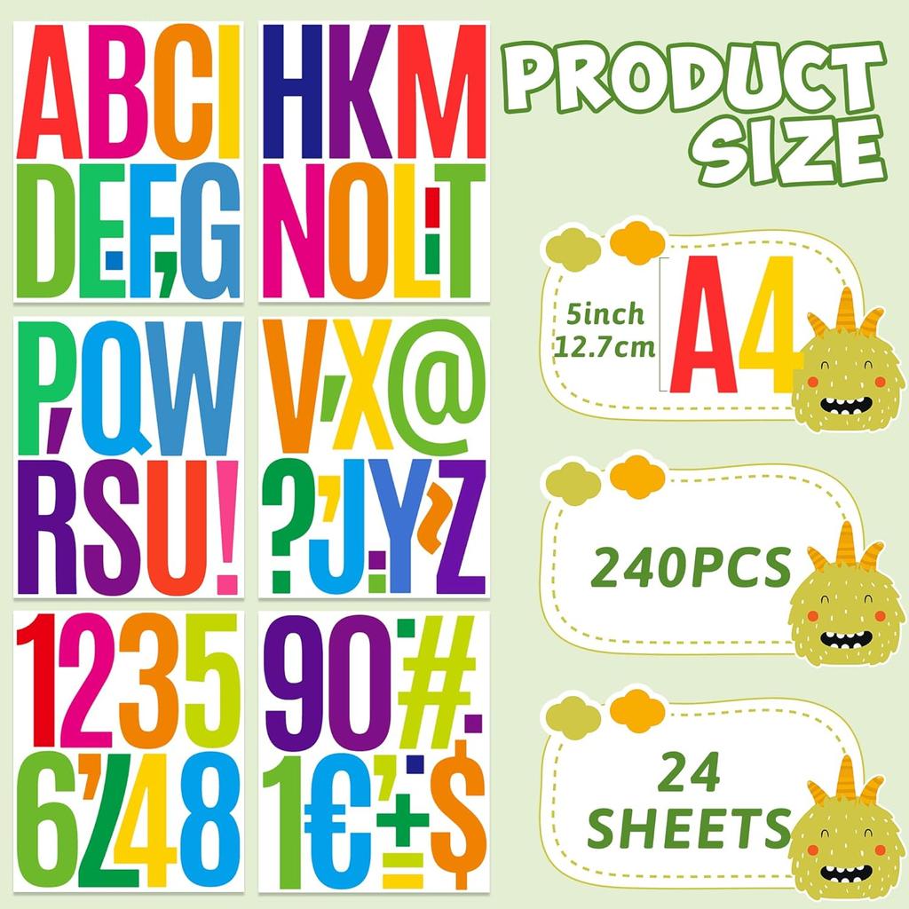 240Pcs 5 Inch Bulletin Board Letters Large Letter Stickers Colorful Vinyl Alphabet Stickers Numbers and ABC Cutouts Letters for Post Board Chalkboard