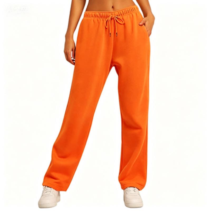 Women's Mid Waist Straight Sweatpants Loose Fit Drawstring Casual Wide Leg Trousers With Side Pockets