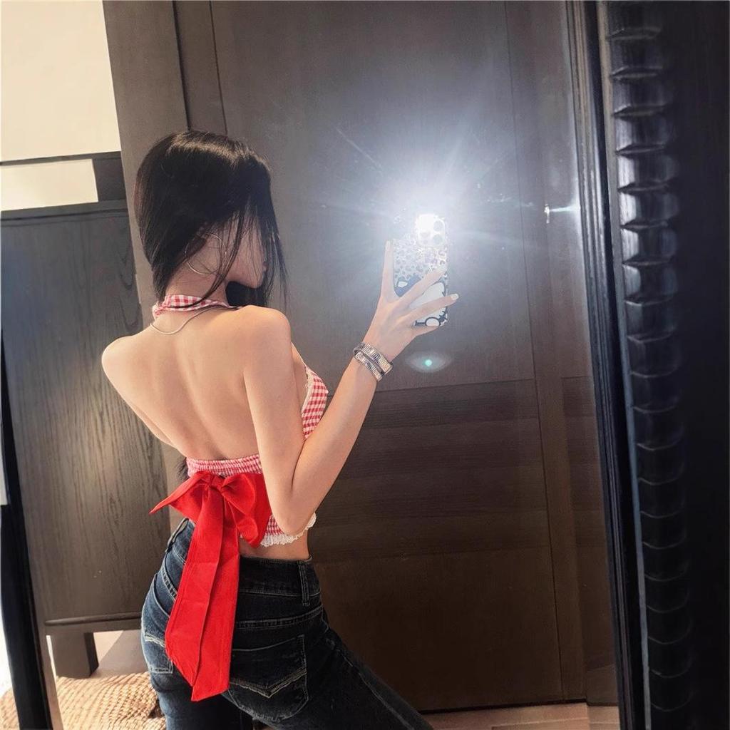 Pure & Sexy Red Plaid Lace Halter Top - Women's Summer Tank