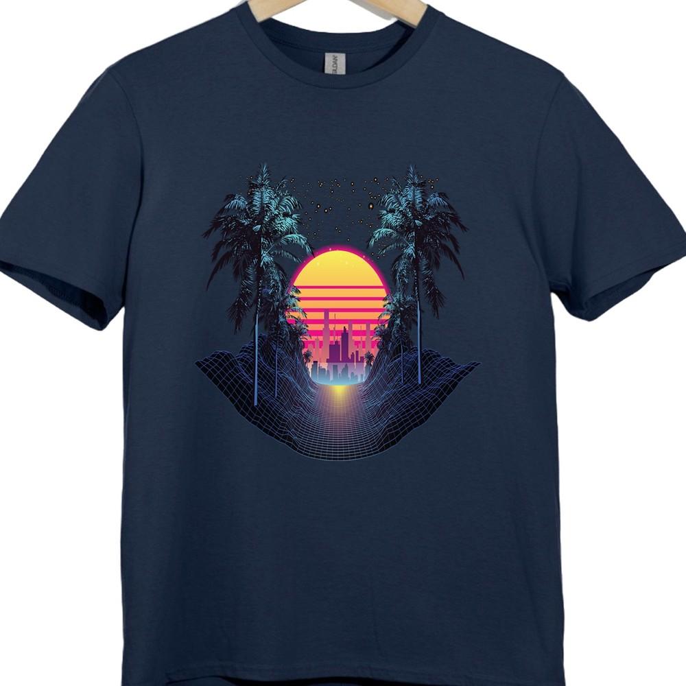 Synthwave T Shirt Retro 80s Neon Sunset City Palm Trees Vaporwave Tee