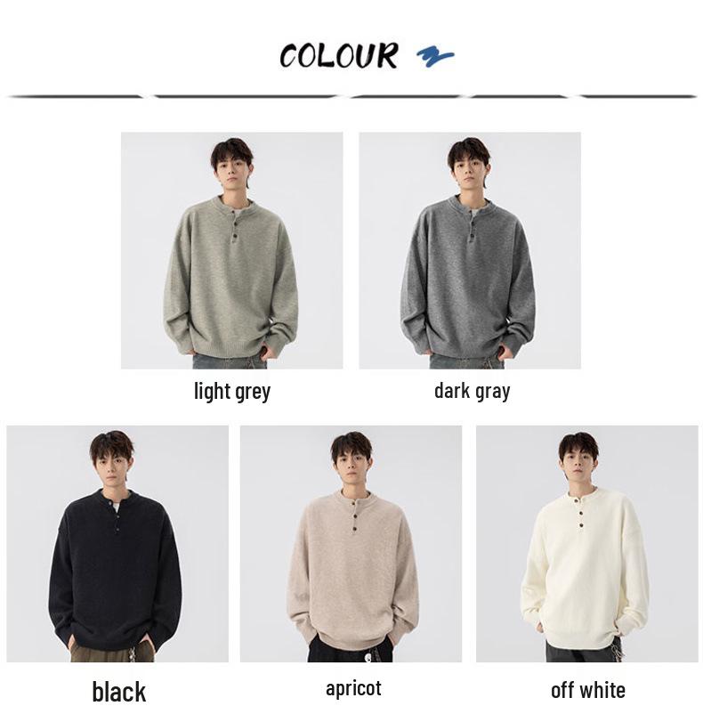 520g Men's Retro Henley Collar Heavyweight Sweater - Old Money Style, Casual Knit Hoodie, Plus Size, Autumn/Winter Wear