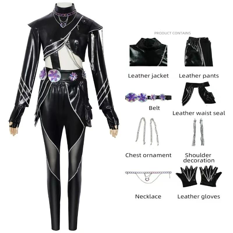 Kpop Demons Hunters Rumi Cosplay Costume Wig Black Leather Battle Suit Adult Women Coat Pants Belt Gloves Halloween Party