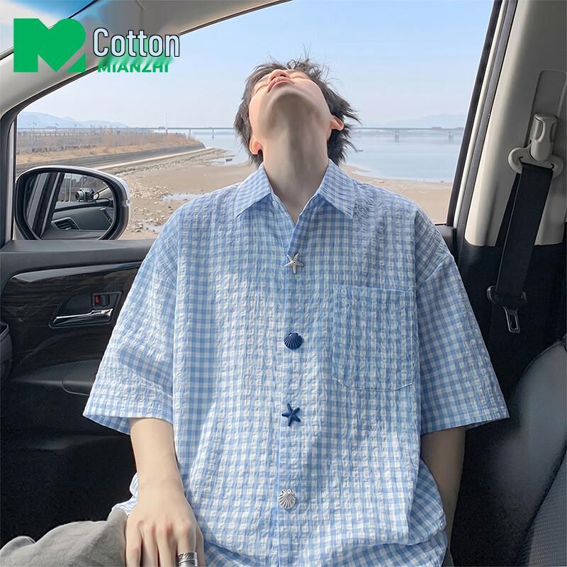 MianZhi Men s Summer Plaid Casual Short-Sleeve Shirt L