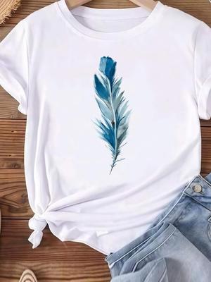 (Asian Size) Women Tee Top Clothing Casual Short Sleeve T Shirt Fashion Feather Trend 90s  Printed Lady Female Graphic T-shirts