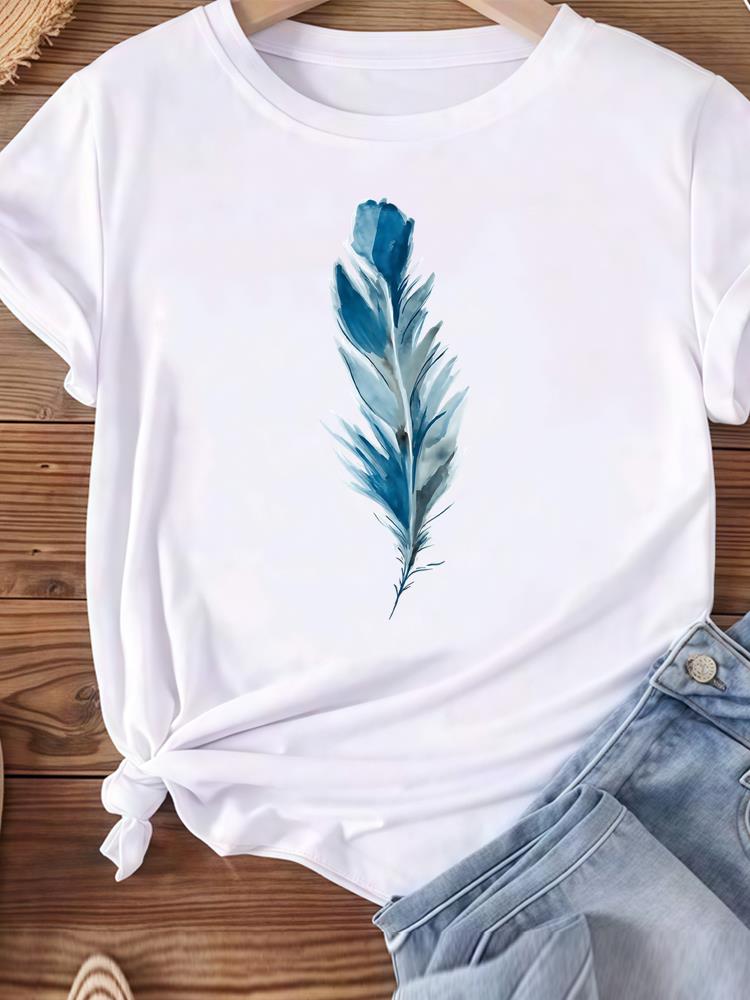 (Asian Size) Women Tee Top Clothing Casual feather style 90s Short Sleeve T Shirt Fashion Printed Lady Female Graphic T-shirts