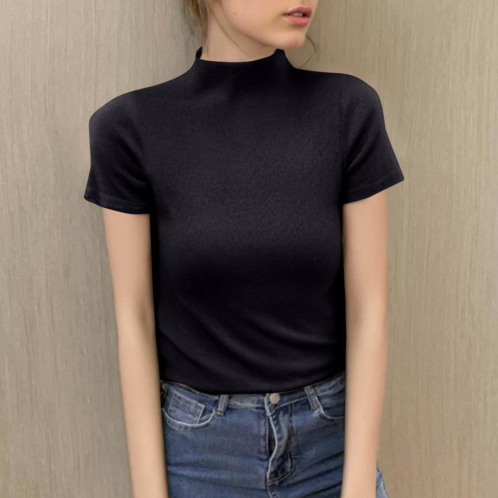 Women's Semi-high Neck With A Slim Short Sleeved Shoulder T-shirt Top