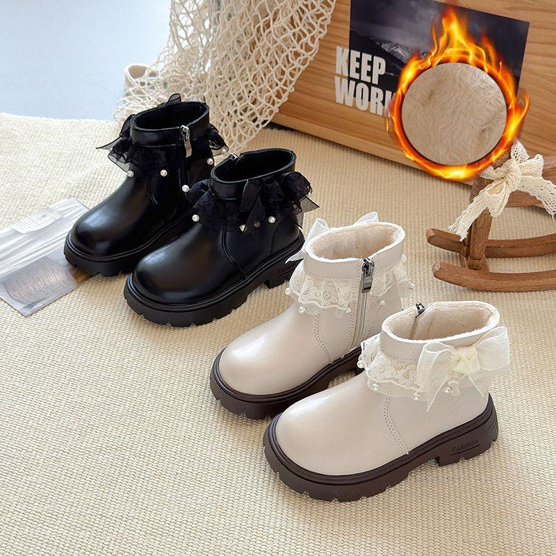 Children's Sweet Ankle Boots, Winter Girls' Fashionable Lace Bow and Fleece Boots