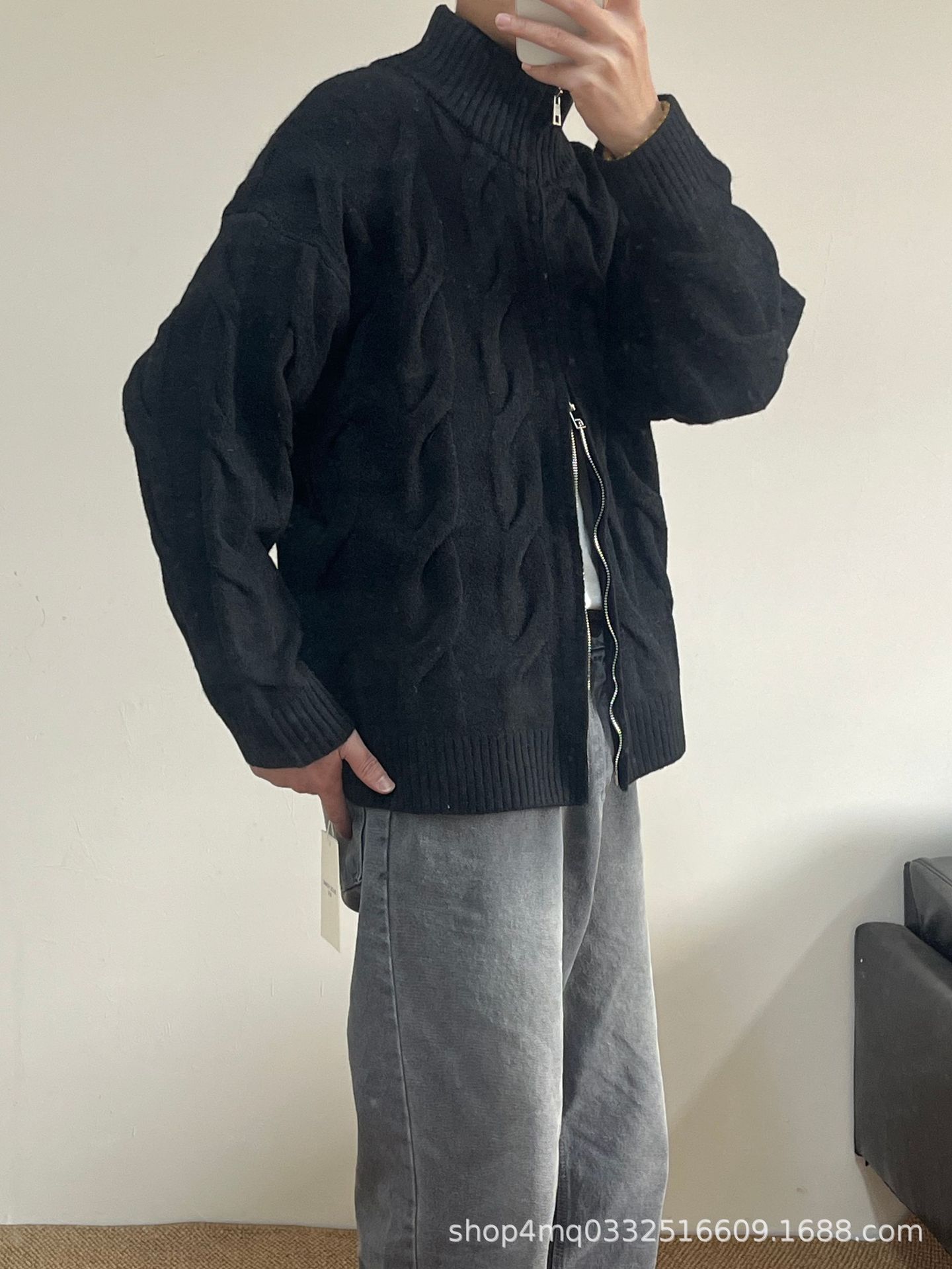 

2025 Men s Cable Knit Zipper Cardigan: Warm Wool Korean Style Autumn/Winter Knitwear XL чорний