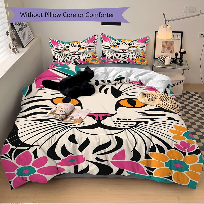 3PCs Cat Floral Print Design Cover Set, Breathable Fabric, Machine Washable (1 Duvet Cover + 2 Pillowcases) (Without Quilt) yy250911156