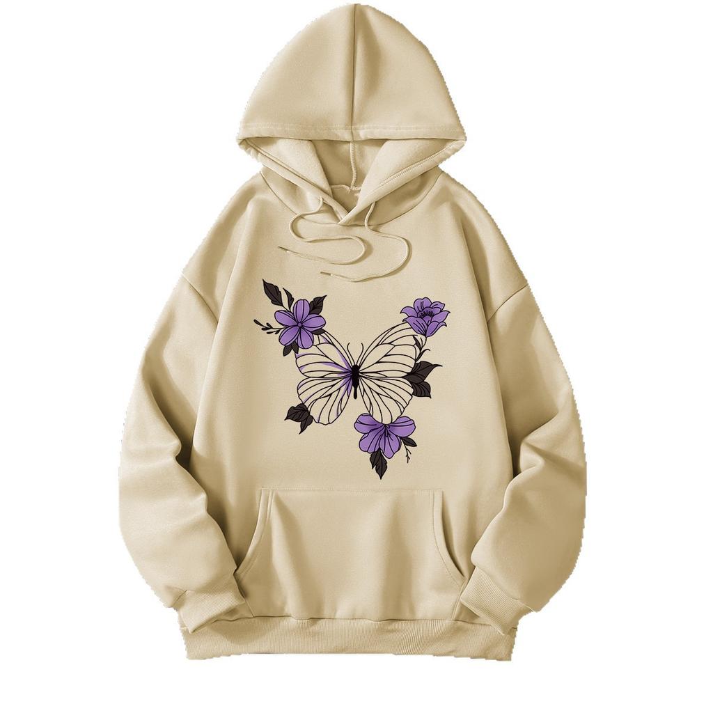 European and American Basic Butterfly Printing Casual Hooded Sweater Women's Autumn and Winter with the Same Versatile Loose Top