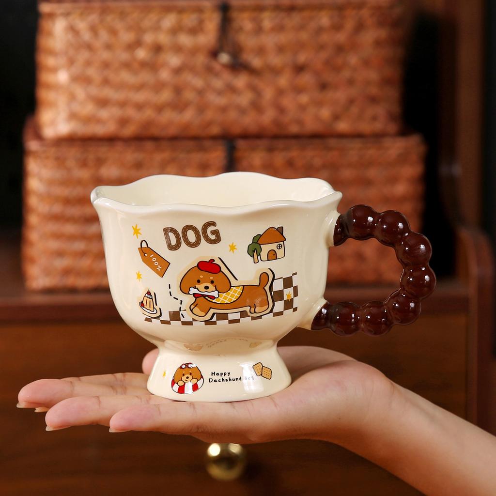 Dackel Keramik Wasserbecher Süße Tasse mit Deckel und Löffel Kreativer Jungenstil Kinder Frühstückstasse Große Kapazität