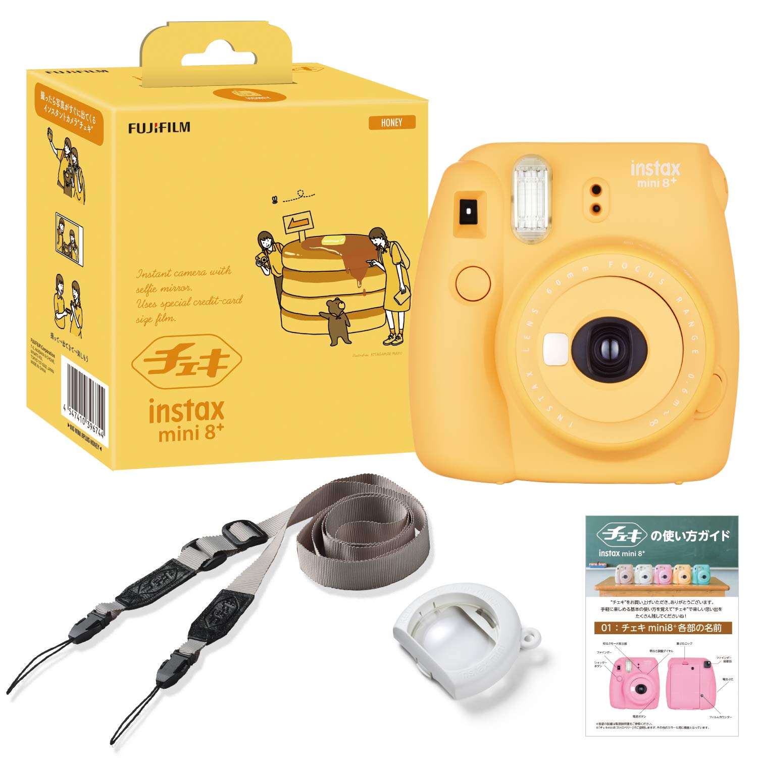 

Фотоапарат миттєвого друку FUJIFILM instax mini8 plus з об єктивом та оригінальним плечовим ременем Honey Може знімати при використанні INS MINI 8PLUS HONEY зблизька 60см,