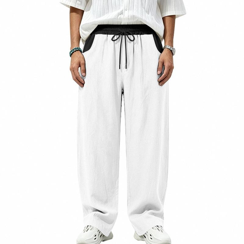 Men’s All-Season Lightweight Linen Trousers with Colour-Blocked Elasticated Waistband, Loose-Fit Curved-Leg Casual Trousers