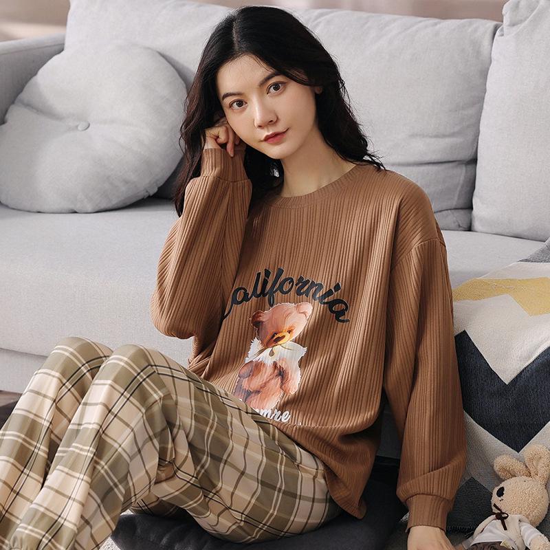 2025 Women's Spring & Autumn Cute Cartoon Cotton Pajamas - Long Sleeve & Pants, Comfortable Pullover for Homewear