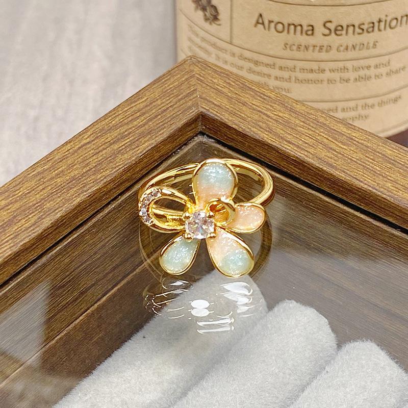 Medieval Vintage Colored Enamel Flower Butterfly Opening Ring Female Retro Niche High-End Light Luxury Ring