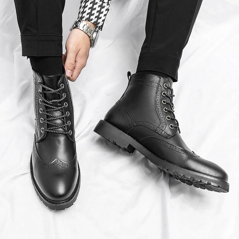 Fashion Men High Top Brogues Boots Fashion Chelsea Boots Leather Ankle Boots Zipper Non-slip ShoesMen Platform Boots Zapatos De Hombre