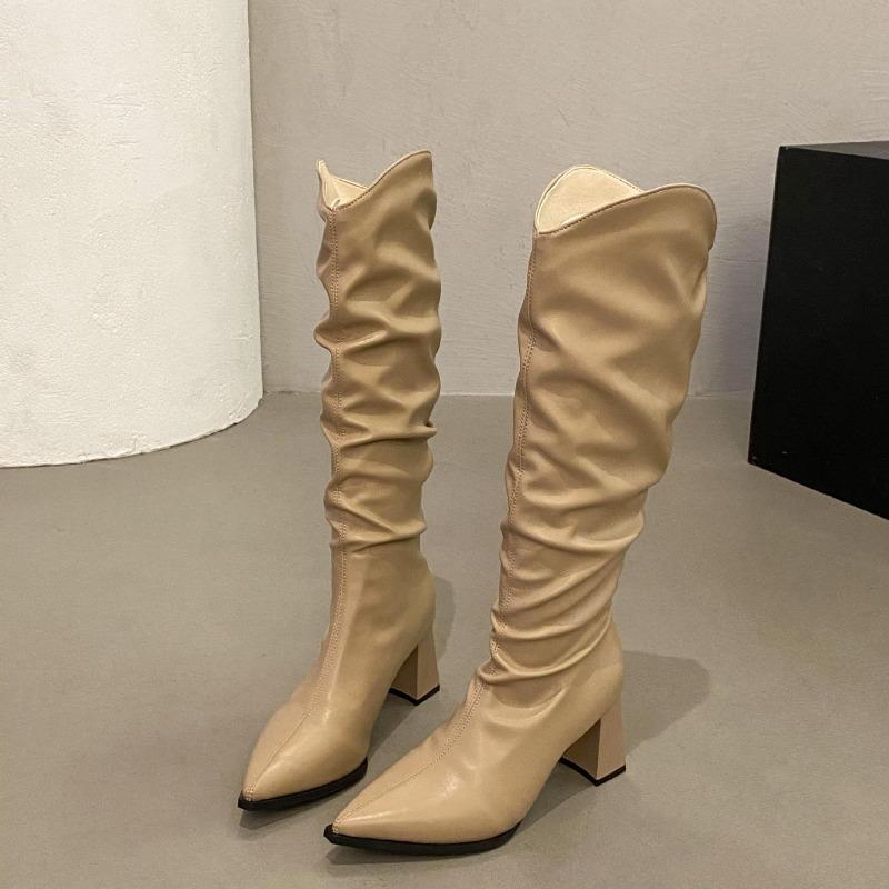 Weiche PU-Leder kniehohe Stiefel Damen 2026 Frühling Herbst Dicke Absätze Lange Stiefel Plissiert Frau Schwarzer Reißverschluss hinten Ritter Botas