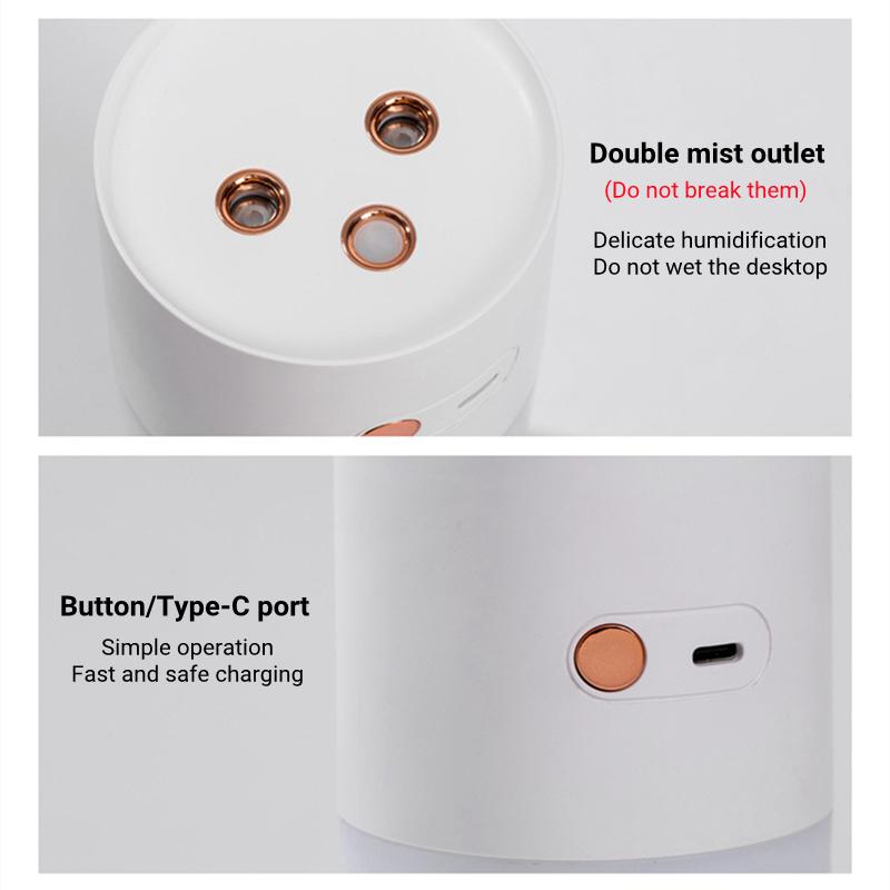 400ml Dual Nozzle Ultrasonic Air Humidifier Usb Charging Water Aromatherapy Diffuser With Warm Lamp Home Wireless Humidificador