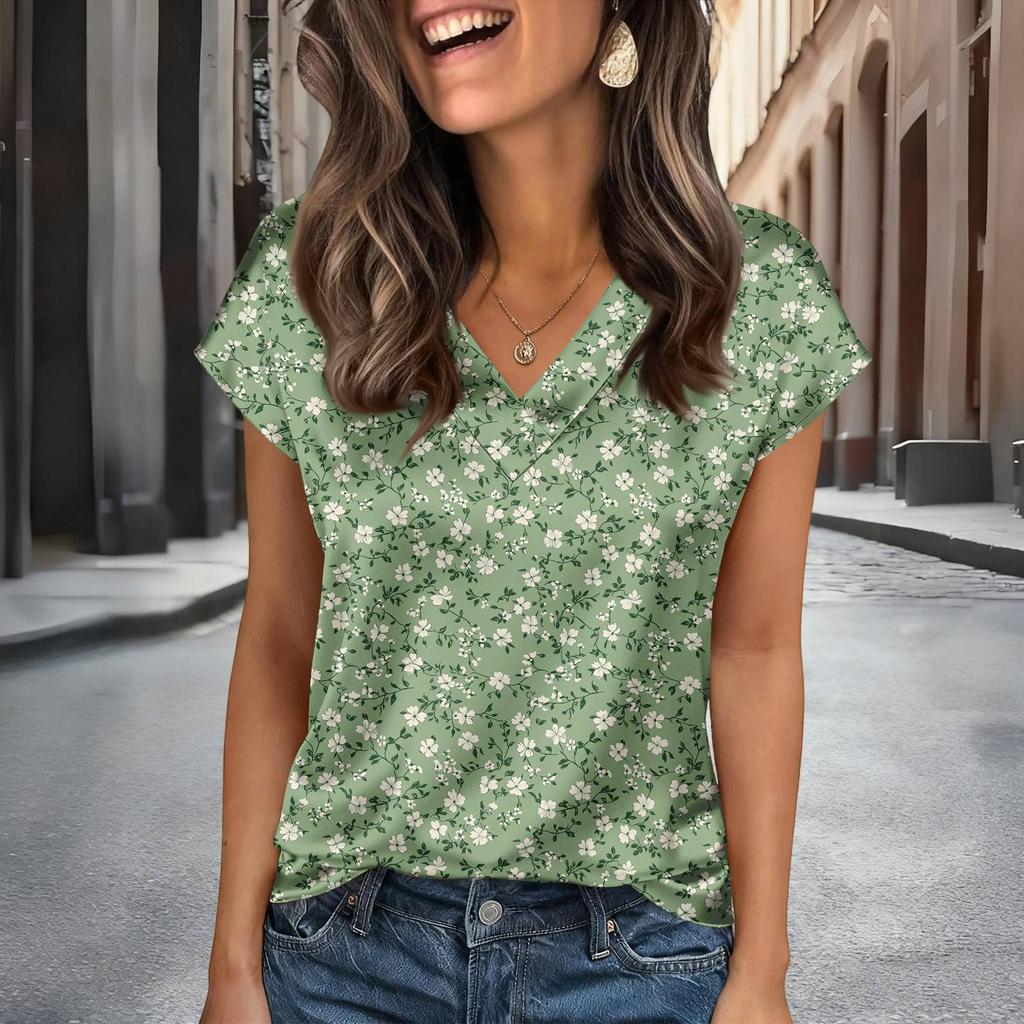 Damskie Bluzki Plamiste Krótki Rękaw Koszule Dekolt V Biznesowe Codzienne Stroje