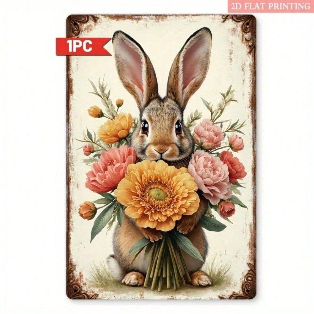 Vintage Shabby Chic Easter Bunny Metal Sign Peach Pink Flowers Farmhouse Wall Art