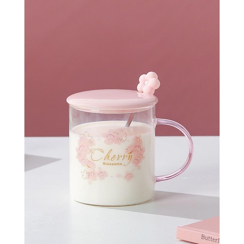 Summer Japanese Cherry Blossom Glass Cups for Girls High Appearance Level Household Water Cups High Temperature Resistant Large Capacity Milk Cups