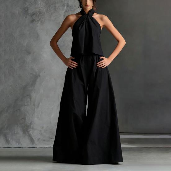 Women's Summer 2 Piece Outfits Backless Halter Sleeveless Top And Wide Leg Pants Sets Casual Vacation Matching Lounge Set