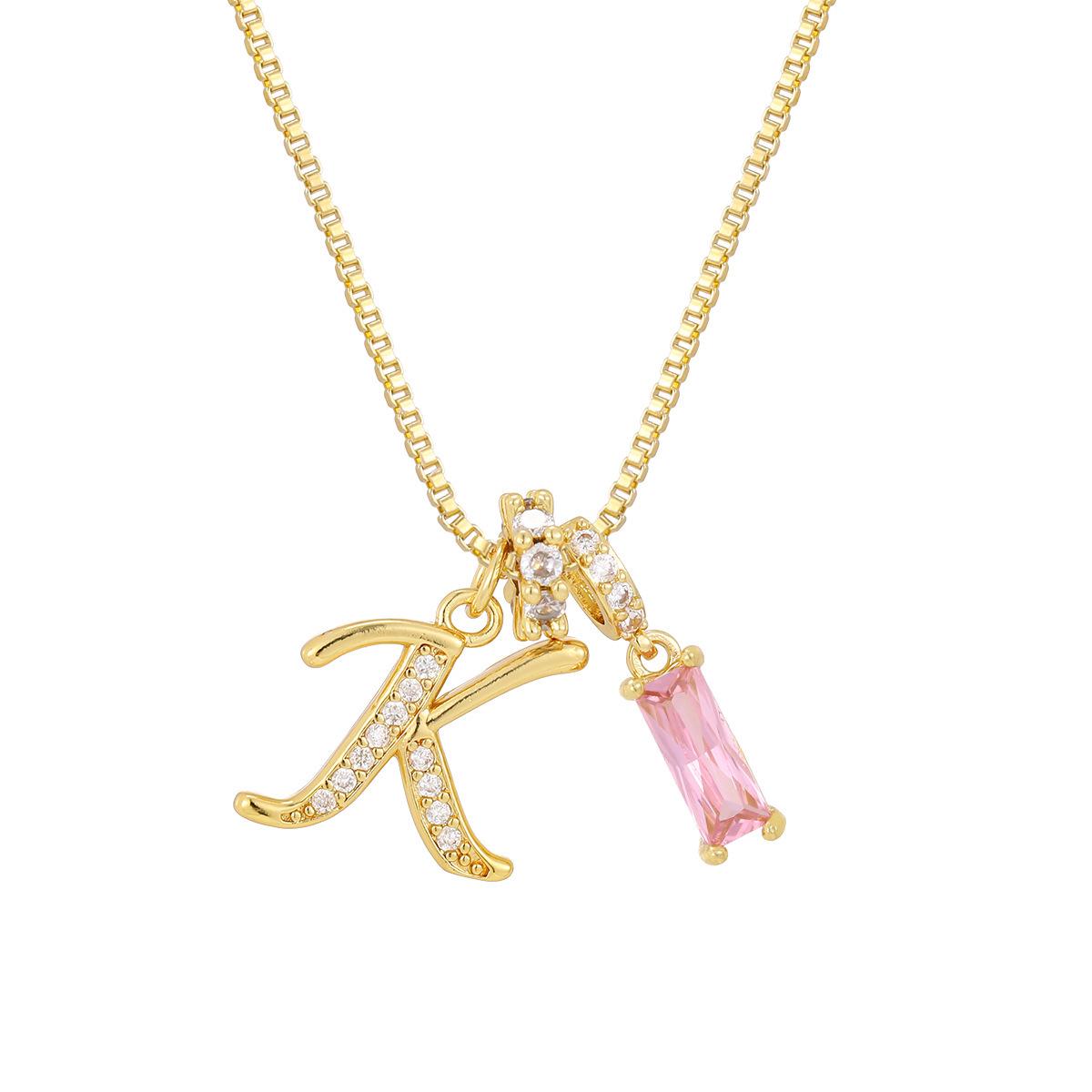 Cross Trend Pink Diamond Clavicle Necklace: Personalized 26-Letter Pendant in European & American Fashion Style